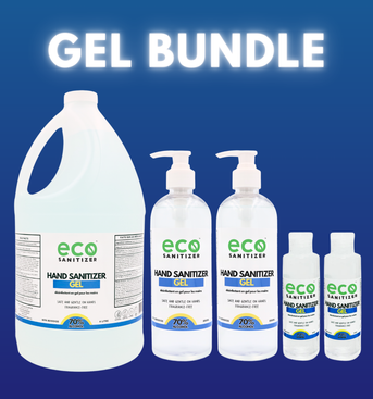 Affordable hand sanitizer gel bundle that contains one 4L jug, two 500mL bottles, and two mini 60mL travel bottles.