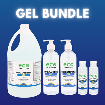 Affordable hand sanitizer gel bundle that contains one 4L jug, two 500mL bottles, and two mini 60mL travel bottles.