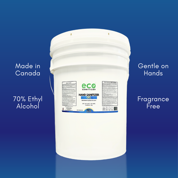 Eco Sanitizer's hand sanitizer gel is made of 70% ethyl alcohol (food grade), is made in Canada, is fragrance free, and is gentle on the hands.