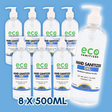 Canada bulk hand sanitizer gel in a bundle pack deal with 8 bottles by Eco Sanitizer.