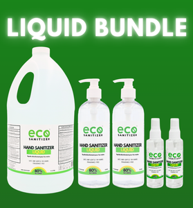 Affordable hand sanitizer liquid bundle that contains one 4L jug, two 500mL bottles, and two mini 60mL travel spray bottles.