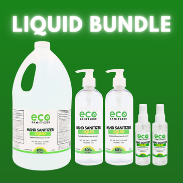 Affordable hand sanitizer liquid bundle that contains one 4L jug, two 500mL bottles, and two mini 60mL travel spray bottles.