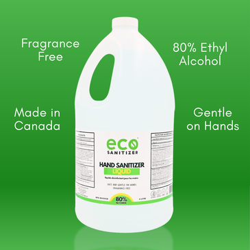 Eco Sanitizer's hand sanitizer liquid is fragrance free, made in Canada, 80% food grade ethyl alcohol, and gentle on the hands.