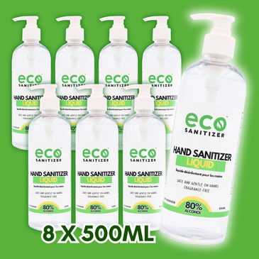 Canada bulk hand sanitizer liquid in a bundle pack deal with 8 bottles by Eco Sanitizer