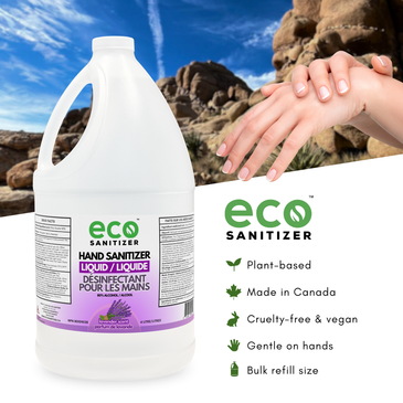 Eco Sanitizer's lavender scented hand sanitizer liquid is plant based, made in Canada, cruelty- free, vegan, gentle on the hands, and is available in a bulk refill size.