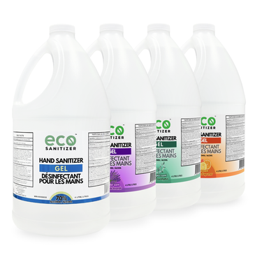 Eco Hand Sanitizer Gel - Four 4L Jugs with Unscented, Lavender, Eucalyptus, and Citrus scents.