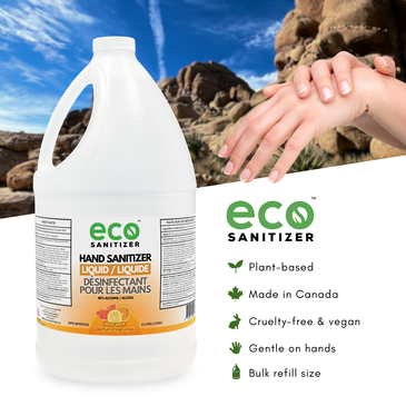 Eco Sanitizer's citrus scented hand sanitizer liquid is plant based, made in Canada, cruelty-free, vegan, gentle on hands, and is available in a bulk refill size.