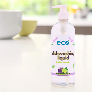 Eco Company dish soap bottle on the kitchen counter.