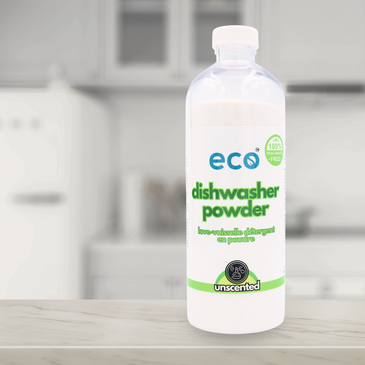 A bottle of eco dishwasher powder detergent unscented on a kitchen counter, for a sustainable and eco-friendly home.