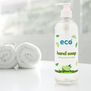 Bergamot lime-scented hand soap in a washroom, promoting a plant-based and eco-friendly lifestyle.