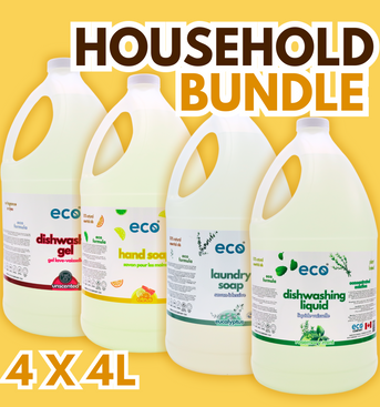 This household bundle includes 4L of citrus hand soap, 4L of rosemary mint dish soap, 4L of eucalyptus laundry soap, and 4L of unscented dishwasher gel.