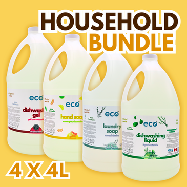 This household bundle includes 4L of citrus hand soap, 4L of rosemary mint dish soap, 4L of eucalyptus laundry soap, and 4L of unscented dishwasher gel.