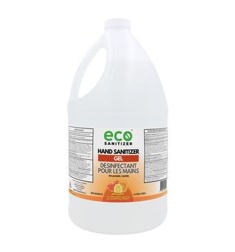 Eco Sanitizer gel hand sanitizer with citrus scent in 4L bulk refill jug.