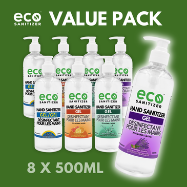 Eco Hand Sanitizer Gel 500ml Pack of 8 - with 2 Lavender, 2 Eucalyptus, 2 Citrus, and 2 Unscented.