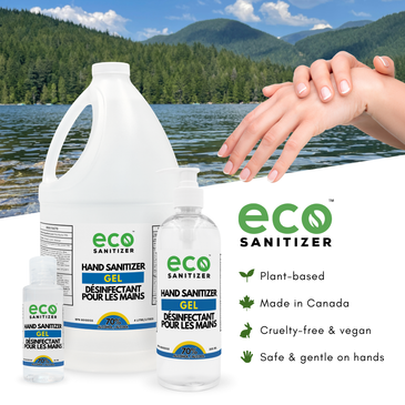 Eco Sanitizer Hand Sanitizer Gel Unscented in mini 60ml size, 500ml size, and bulk 4L size. These are plant-based, made in Canada, cruelty-free, vegan, and gentle on the hands.