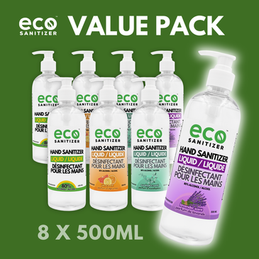 Eco Hand Sanitizer Liquid 500ml Pack of 8 - with 2 Lavender, 2 Eucalyptus, 2 Citrus, and 2 Unscented.