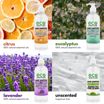Eco Sanitizer's liquid hand sanitizers are scented with 100% natural essential oils. The unscented hand sanitizer gel is fragrance-free.