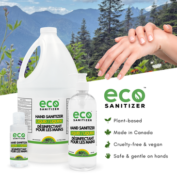 Eco Sanitizer Hand Sanitizer Liquid Unscented in mini 60ml size, 500ml size, and bulk 4L size. These are plant-based, made in Canada, cruelty-free, vegan, and gentle on the hands.