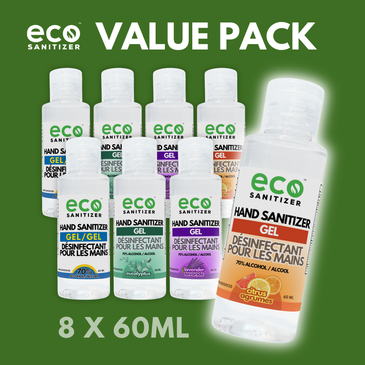 Eco mini Hand Sanitizer Gel 60ml Value Pack of 8 - with 2 Lavender, 2 Eucalyptus, 2 Citrus, and 2 Unscented.