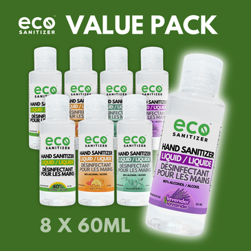Eco mini Hand Sanitizer Liquid 60ml Value Pack of 8 - with 2 Lavender, 2 Eucalyptus, 2 Citrus, and 2 Unscented.