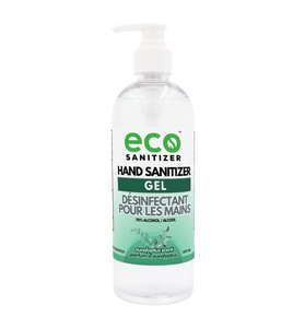 Eco Sanitizer gel hand sanitizer with eucalyptus scent in 500ml bottle.
