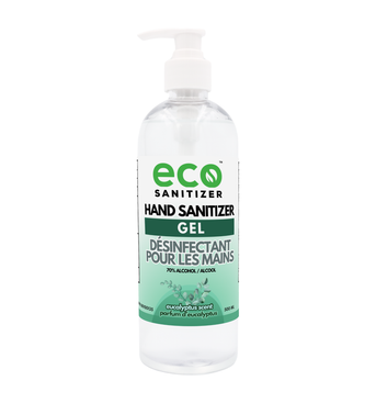 Eco Sanitizer gel hand sanitizer with eucalyptus scent in 500ml bottle.