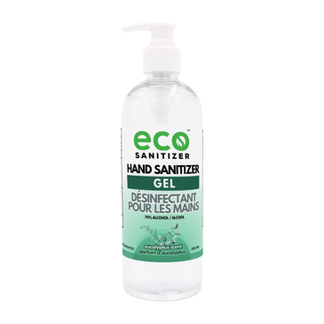 Eco Sanitizer gel hand sanitizer with eucalyptus scent in 500ml bottle.