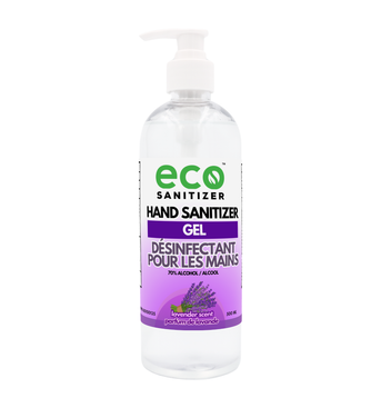 Eco Sanitizer gel hand sanitizer with lavender scent in 500ml bottle.