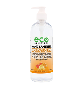 Eco Sanitizer liquid hand sanitizer with citrus scent in 500ml bottle.