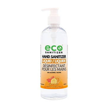 Eco Sanitizer liquid hand sanitizer with citrus scent in 500ml bottle.