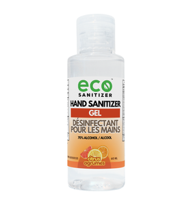 Eco Sanitizer mini gel hand sanitizer in a 60ml portable travel-size bottle with citrus scent.