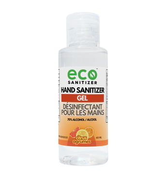 Eco Sanitizer mini gel hand sanitizer in a 60ml portable travel-size bottle with citrus scent.