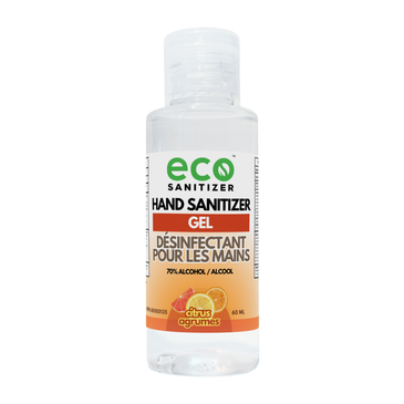 Eco Sanitizer mini gel hand sanitizer in a 60ml portable travel-size bottle with citrus scent.