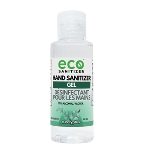 Eco Sanitizer mini gel hand sanitizer in a 60ml portable travel-size bottle with eucalyptus scent.