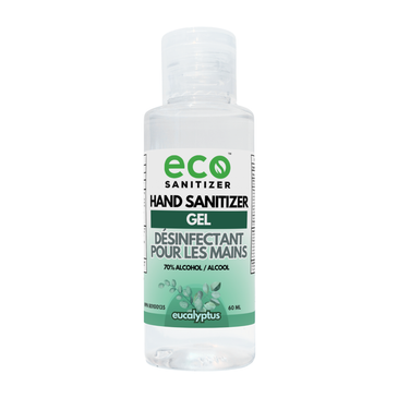 Eco Sanitizer mini gel hand sanitizer in a 60ml portable travel-size bottle with eucalyptus scent.