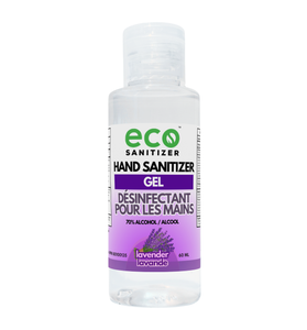 Eco Sanitizer mini gel hand sanitizer in a 60ml portable travel-size bottle with lavender scent.