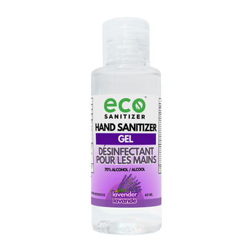 Eco Sanitizer mini gel hand sanitizer in a 60ml portable travel-size bottle with lavender scent.