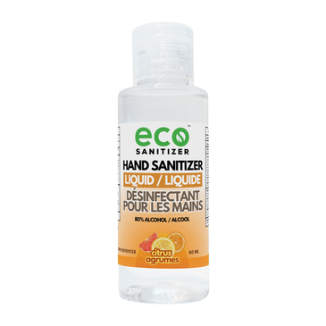 Eco Sanitizer mini liquid hand sanitizer in a 60ml portable travel-size bottle with citrus scent.