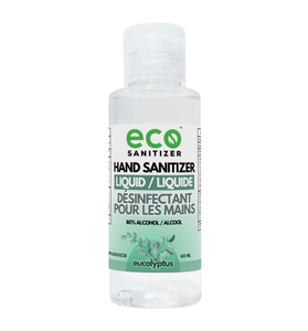 Eco Sanitizer mini liquid hand sanitizer in a 60ml portable travel-size bottle with eucalyptus scent.