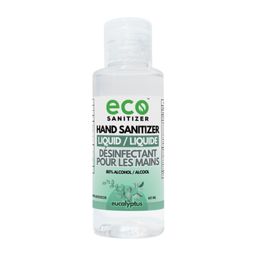 Eco Sanitizer mini liquid hand sanitizer in a 60ml portable travel-size bottle with eucalyptus scent.