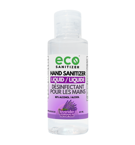 Eco Sanitizer mini liquid hand sanitizer in a 60ml portable travel-size bottle with lavender scent.