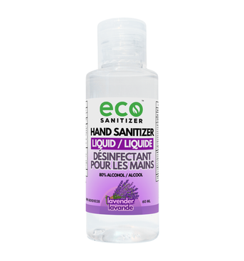 Eco Sanitizer mini liquid hand sanitizer in a 60ml portable travel-size bottle with lavender scent.