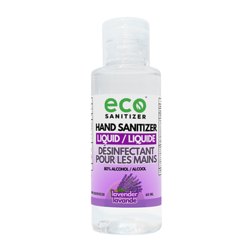 Eco Sanitizer mini liquid hand sanitizer in a 60ml portable travel-size bottle with lavender scent.