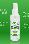 Eco Sanitizer's hand sanitizer liquid spray is 80% ethyl alcohol, fragrance free, made in Canada, and gentle on the hands.