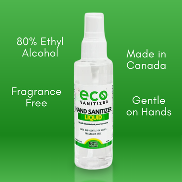 Eco Sanitizer's hand sanitizer liquid spray is 80% ethyl alcohol, fragrance free, made in Canada, and gentle on the hands.