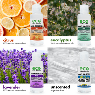 Eco Sanitizer's gel hand sanitizers are scented with 100% natural essential oils. The unscented hand sanitizer gel is fragrance-free.