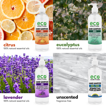 Eco Sanitizer's gel hand sanitizers are scented with 100% natural essential oils. The unscented hand sanitizer gel is fragrance-free.