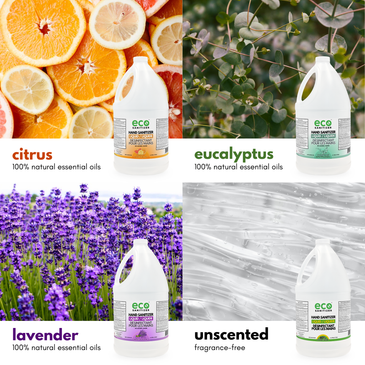 Eco Sanitizer's liquid hand sanitizers are scented with 100% natural essential oils. The unscented hand sanitizer gel is fragrance-free.