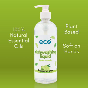 This eco friendly dish soap bergamot lime is scented with 100% natural essential oils, is soft on the hands, and has a plant-based formula.