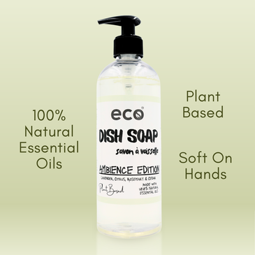 Eco friendly dish soap that is scented with 100% natural essential oils, is plant-based, and is soft on the hands.